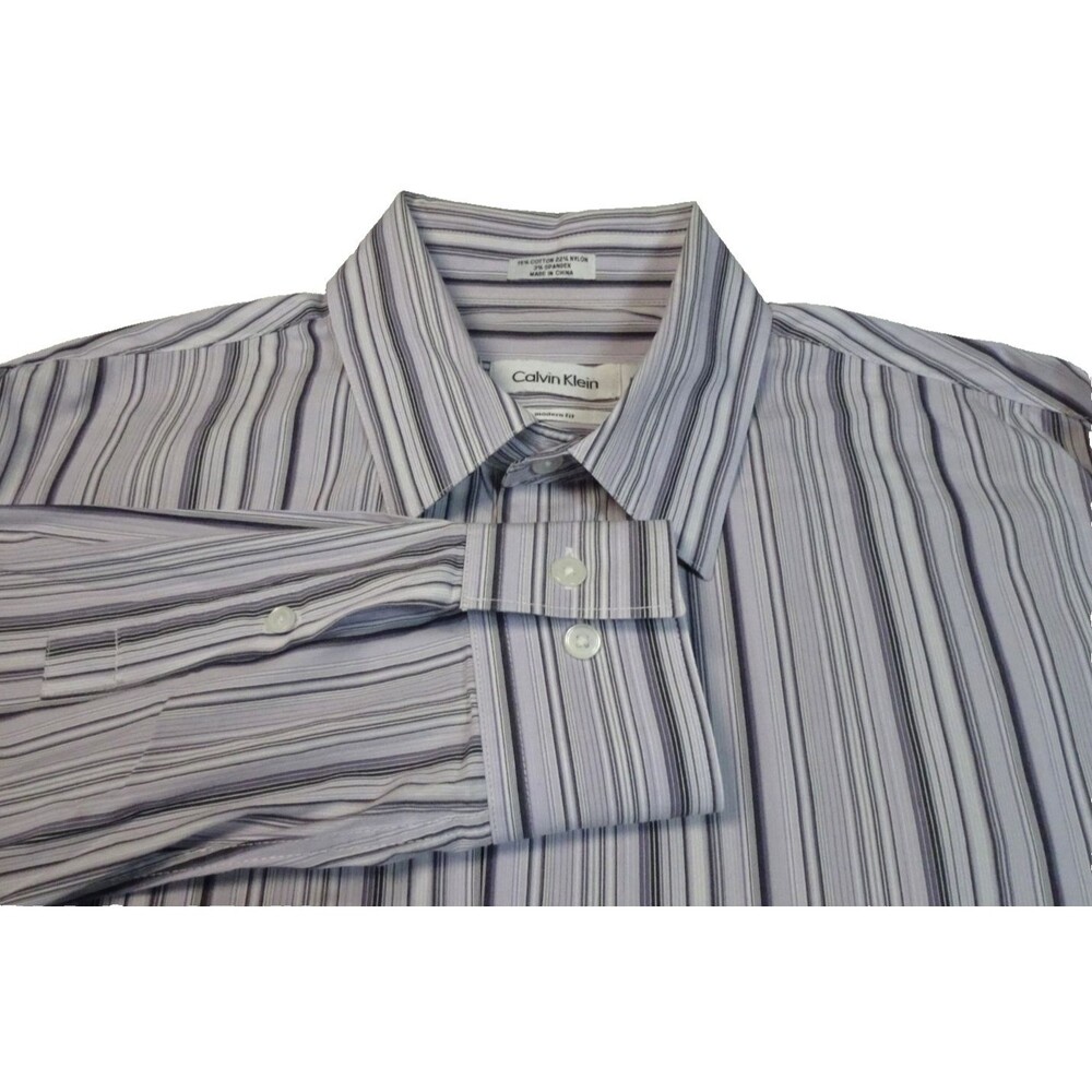 Calvin Klein Modern Fit Button Up Mens Shirt Medium Gray Purple Striped Stretch
